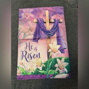 He Is Risen Cross Garden Flag with Purple Draped Cloth